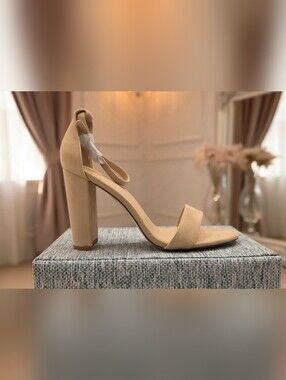 J.Adams Velvet Beige Ankle-Strap Block Heel Sandal